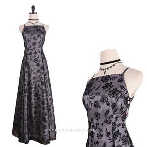 Vintage Morgan Co Prom Dress Maxi Gown 8 Purple Black Goth Sheer Overlay Floral